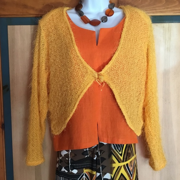 Yellow Crop Eyelash Knit Jacket 100% Feminin Made in France Lagenlook - Picture 3 of 4